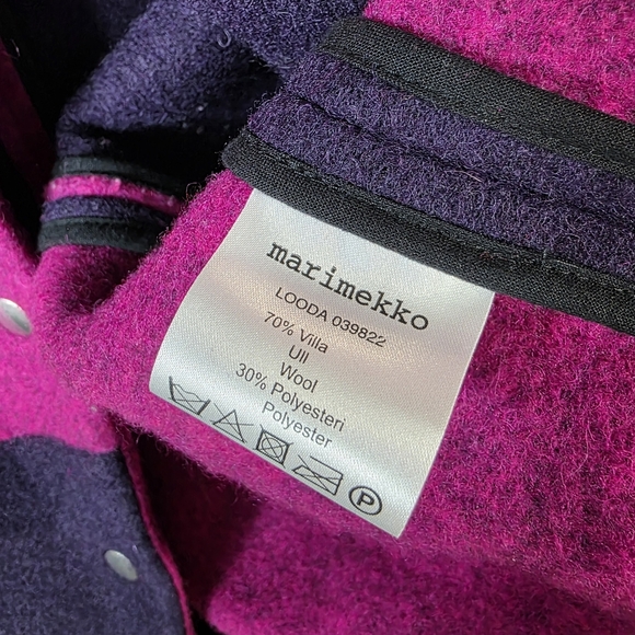 Marimekko collarless Pink and Dark Blue Wool snapbutton Coat - Picture 11 of 12